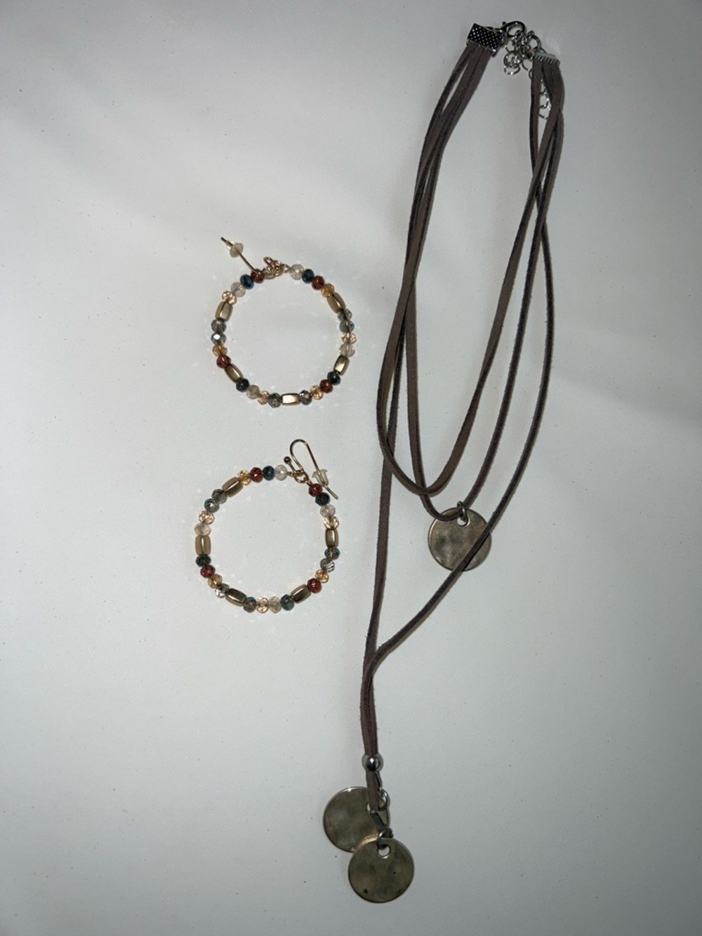 Boho Multicolor Bead Hoop Earrings & Brown Cord Necklace Set